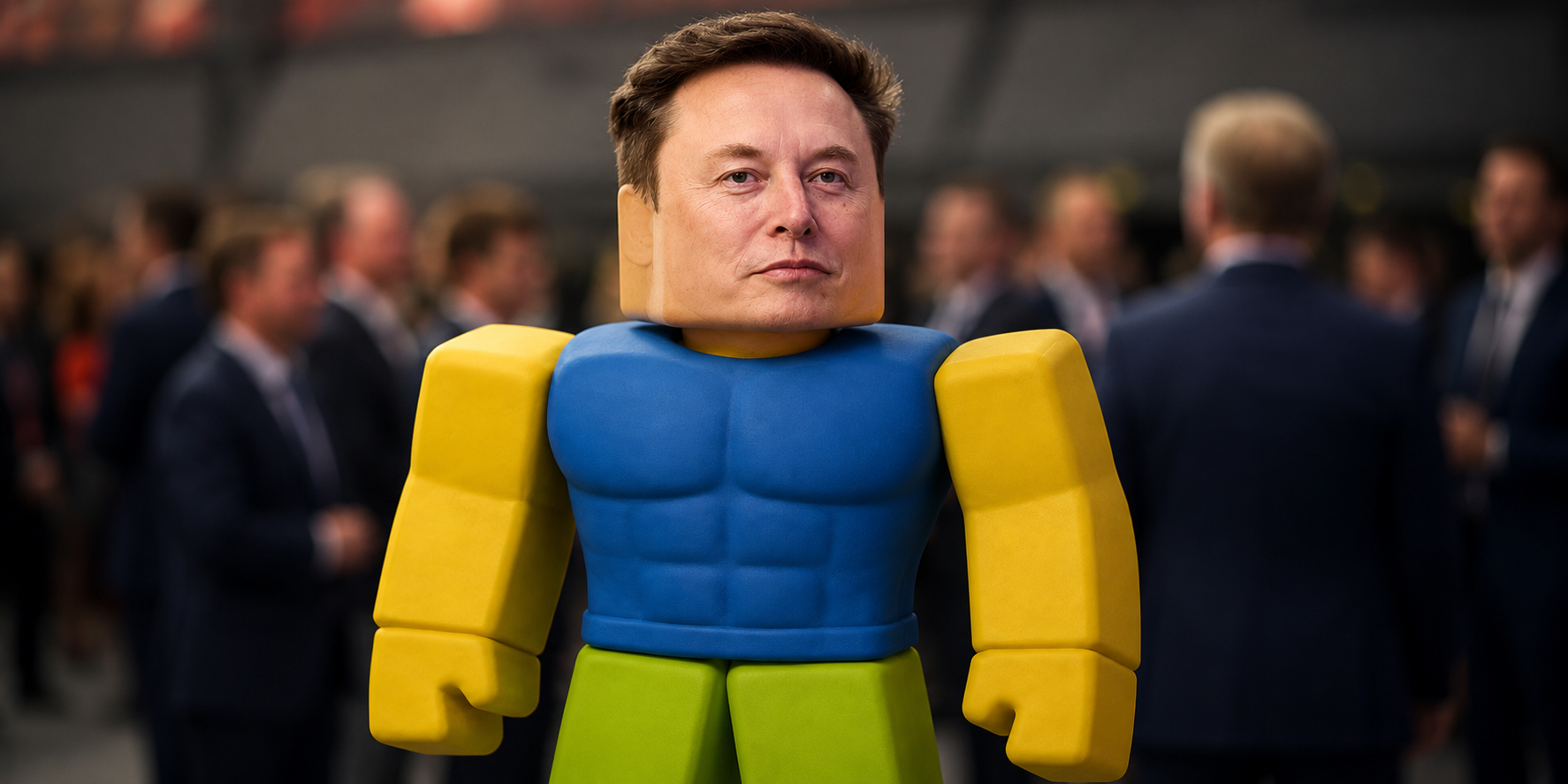 CUBEMUSK character with a square photographed head on a blocky blue and yellow toy body