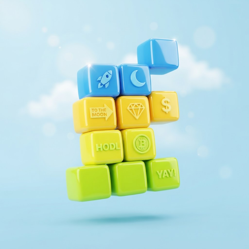 Floating stack of blue, yellow and lime cubes