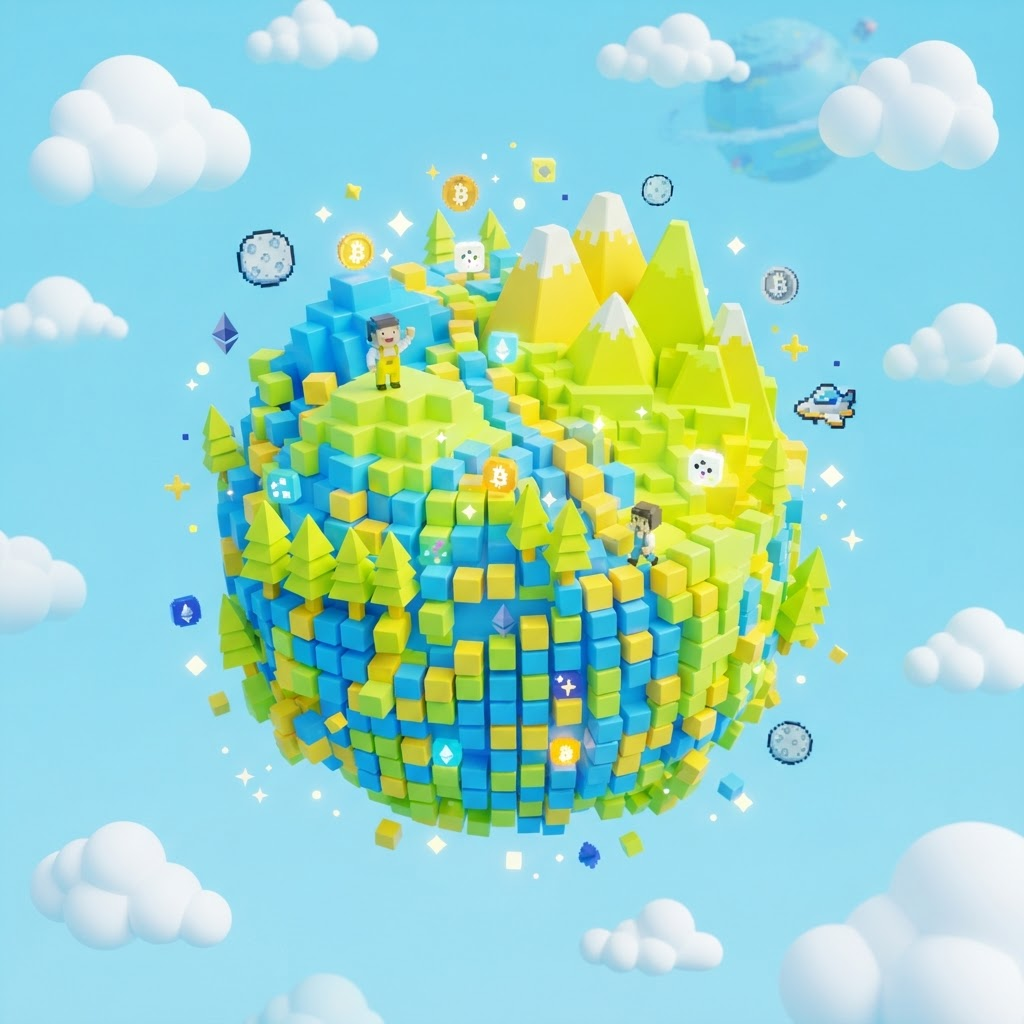 A cubic toy world made of colorful blocks